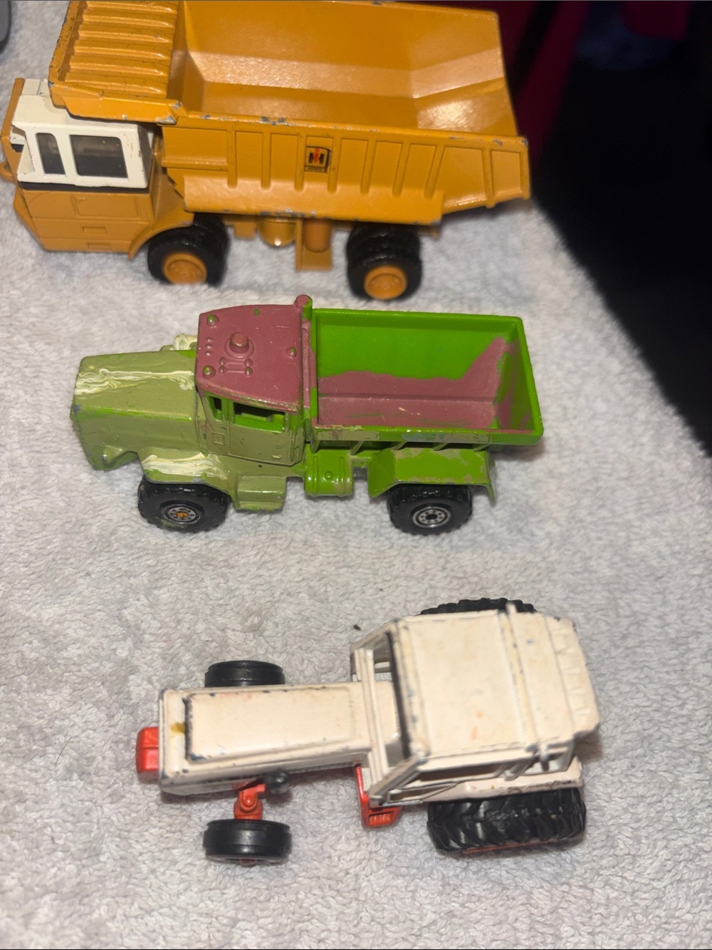 Vintage Die-Cast Kids Construction Trucks Set - White, Orange, Lime Green & Pink